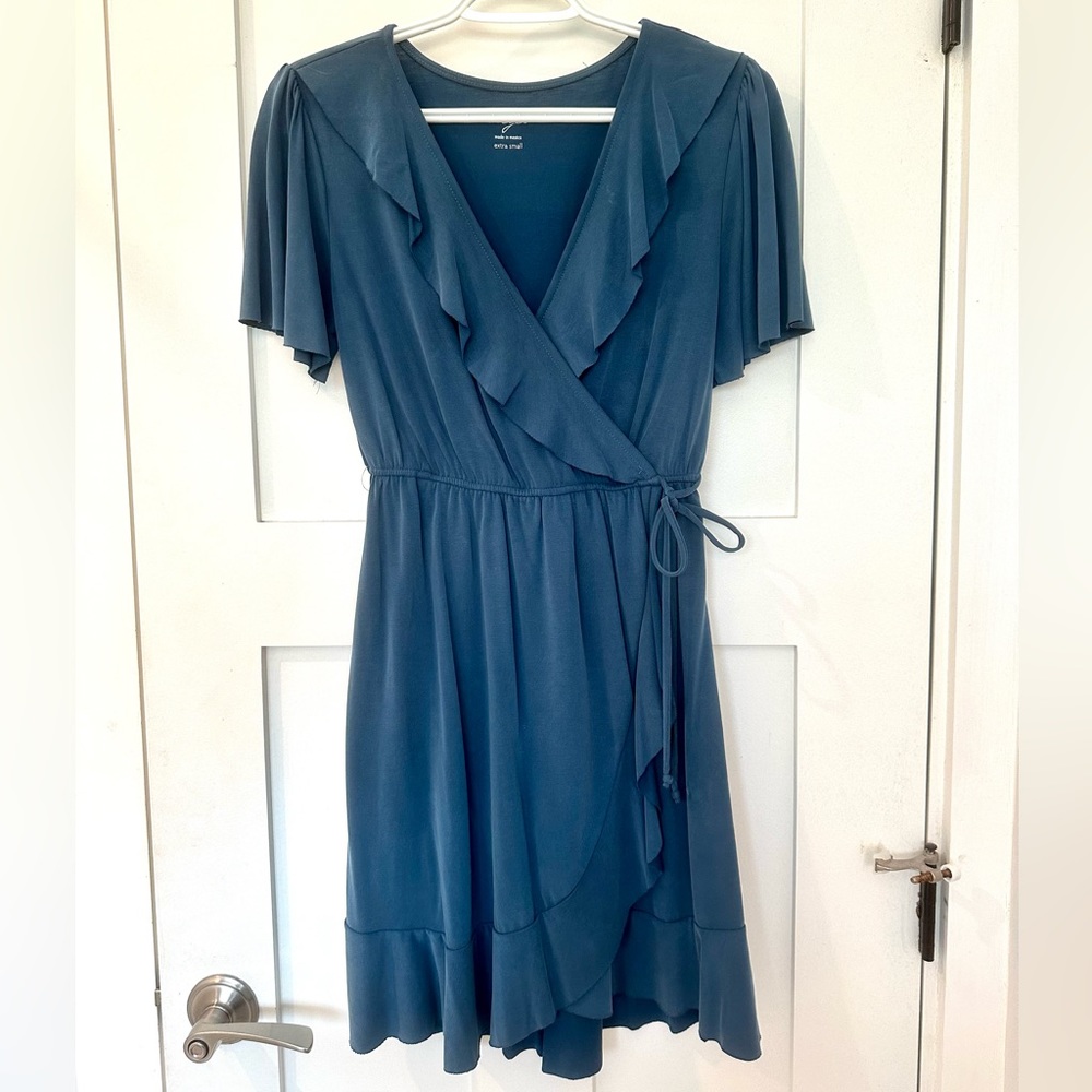 Blue Ruffle Faux Wrap Dress